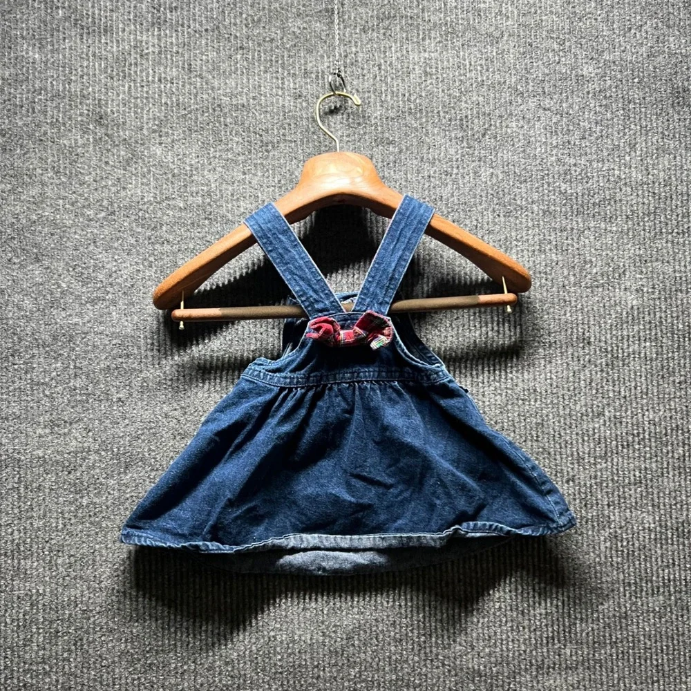 Vintage OshKosh Bgosh Jumper Dress Kids 2T Blue Denim Plaid Floral Embroidered